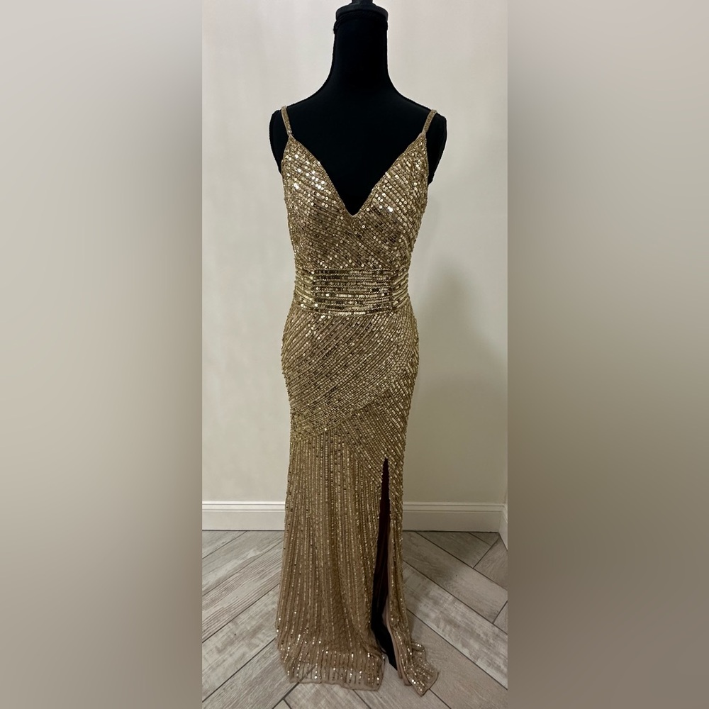 Gold Sequin Spaghetti-Strap Prom Dress